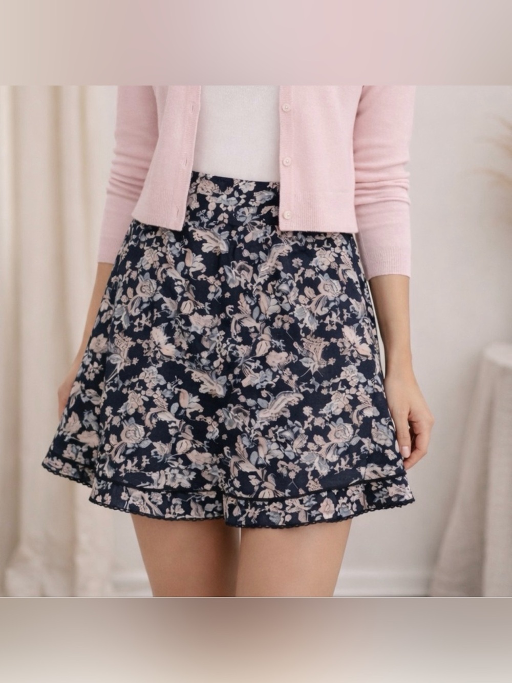 LOFT Navy Blue Pink Floral 20 in Mini Flippy Skirt Lined Size XXL